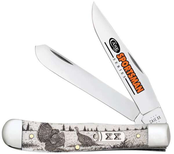 Case 81221 Trapper Sportsman Folding Clip Point/Spey Plain Mirror Polished Tru-Sharp SS Blade/Turkey Embellished Natural Bone Handle